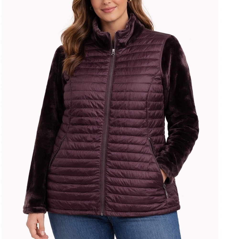 32 Degrees Heat Women Jacket Faux Fur Mixed Media Down‎ Puffer Plum Purple XL
